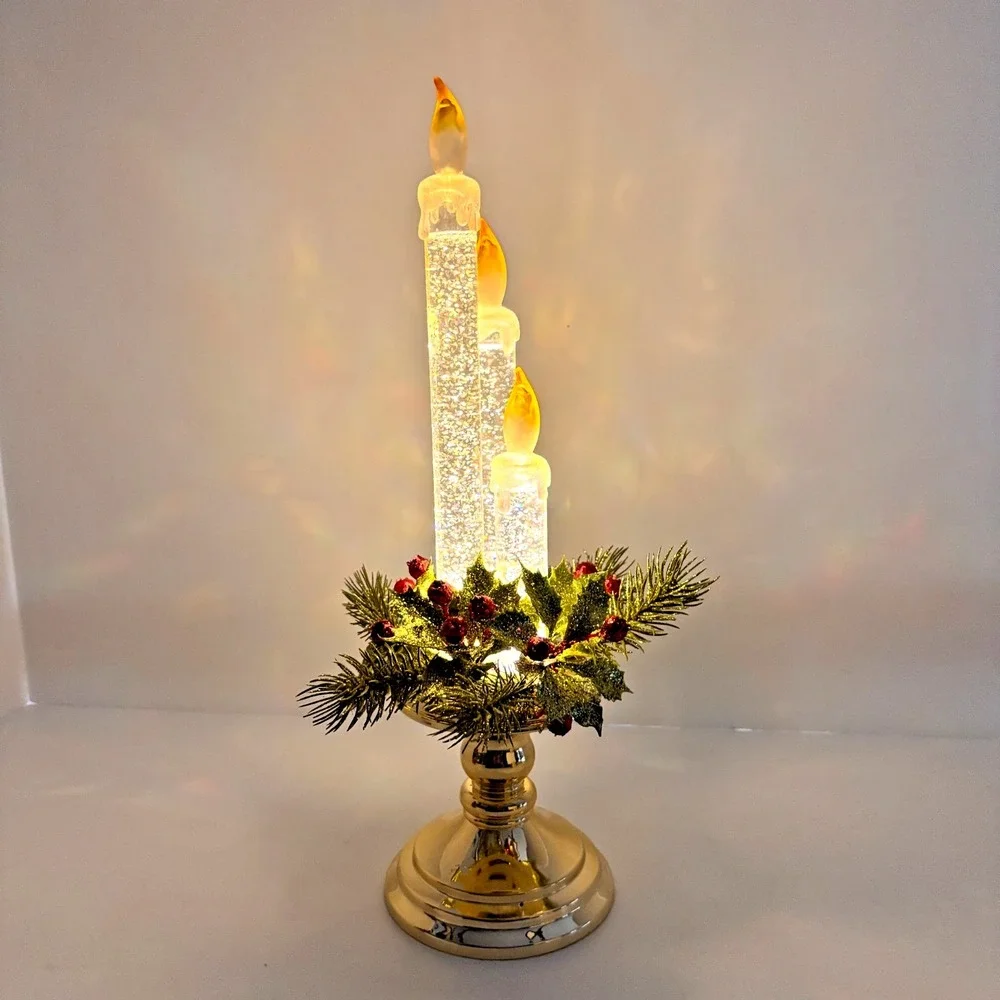 Vintage Lighted Christmas Taper Candle Holder Glitter Water Candlestick 14in